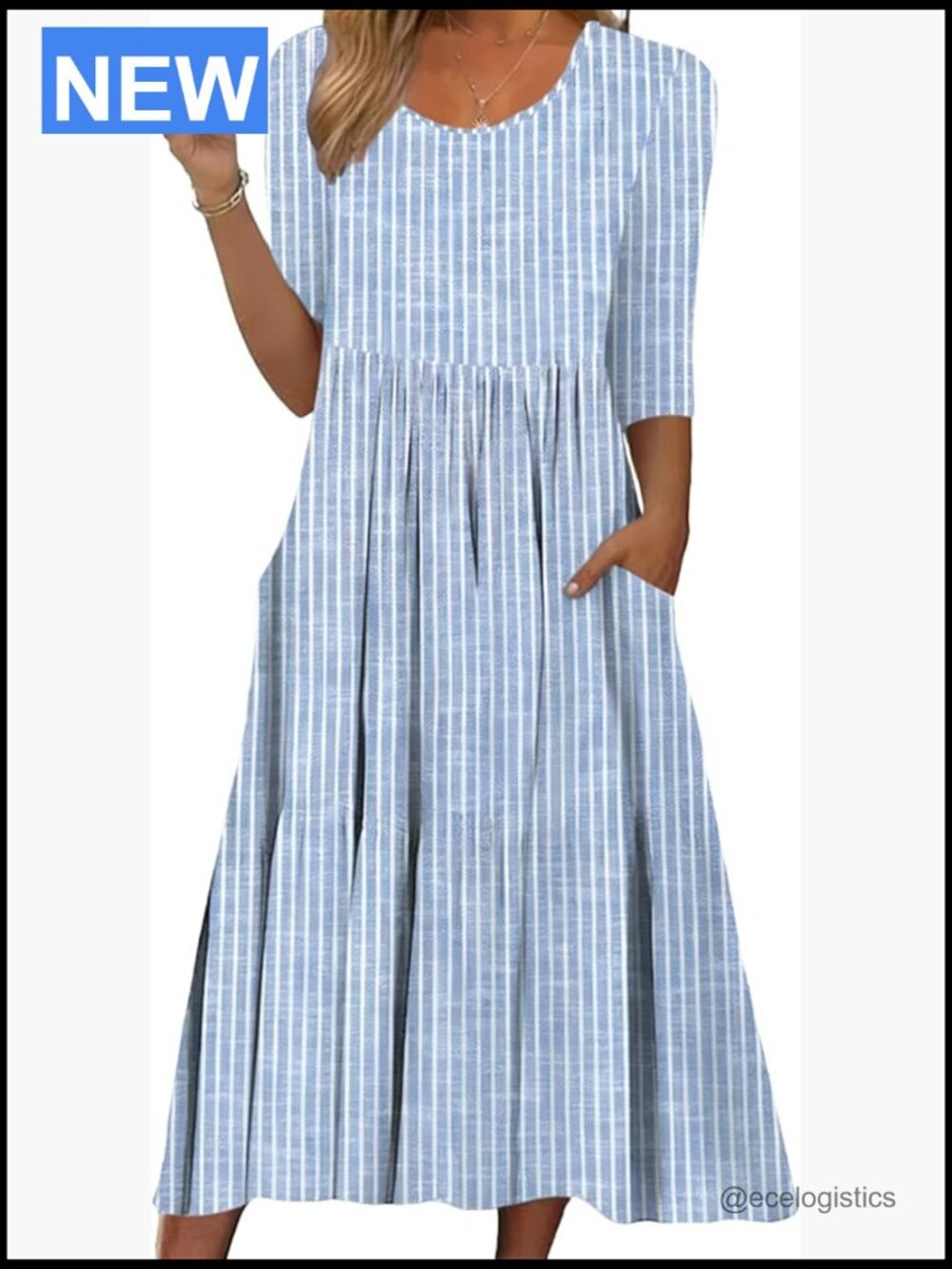 Flowy A-Line Midi Dress with Pockets 3/4 Sleeve Boho Casual